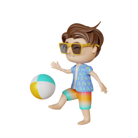 Boy playing with ball at beach 3D Illustration