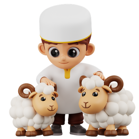 Boy Playing With Sheep  3D Illustration