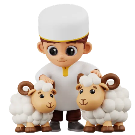 Boy Playing With Sheep  3D Illustration