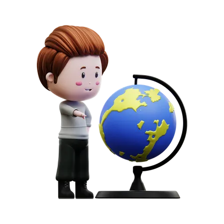 Boy pointing at globe  3D Illustration