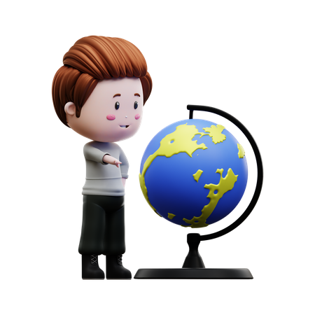 Boy pointing at globe 3D Illustration