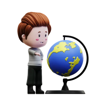 Boy pointing at globe 3D Illustration