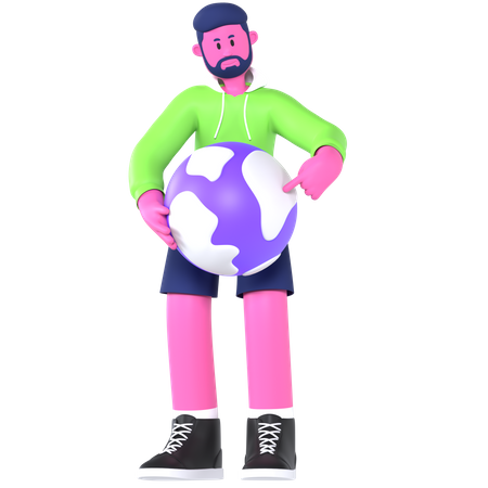 Boy Pointing Globe  3D Illustration