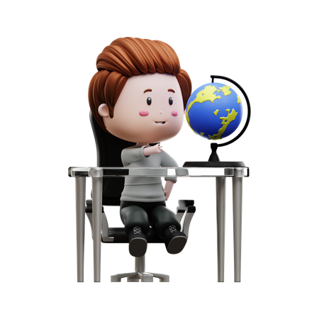 Boy pointing Globe 3D Illustration