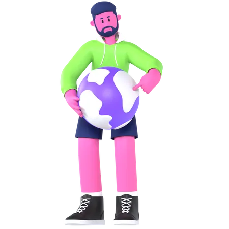 Boy Pointing Globe  3D Illustration