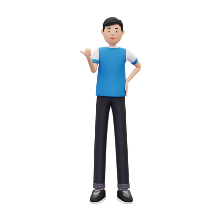 Boy pointing with thumb aside  3D Illustration