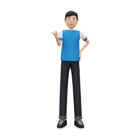 Boy pointing with thumb aside  3D Illustration