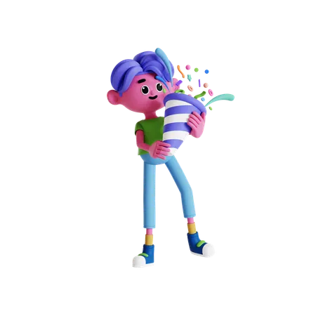 Boy popping confetti and celebrating new year  3D Illustration