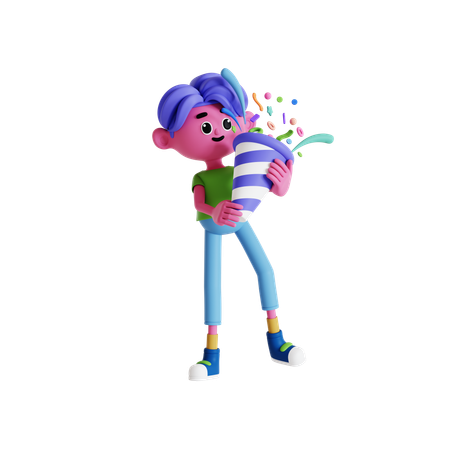 Boy popping confetti and celebrating new year  3D Illustration