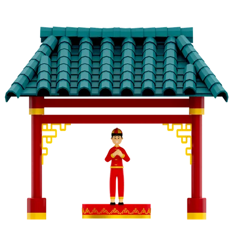 Boy praying at Chinese temple  3D Illustration