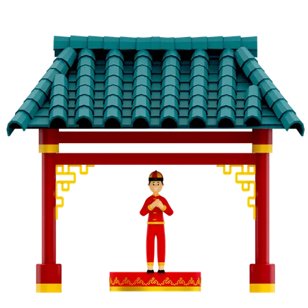 Boy praying at Chinese temple 3D Illustration