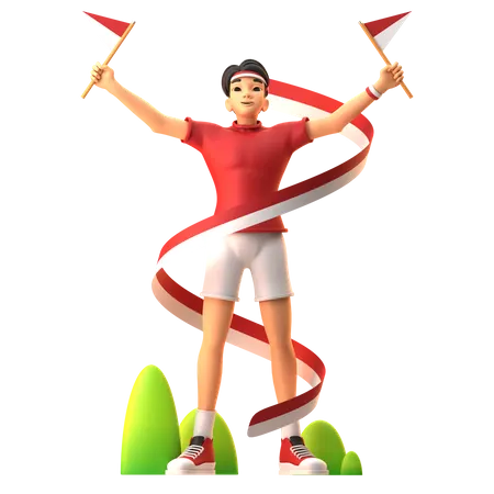 Boy Proudly Holding Indonesia Flag  3D Illustration