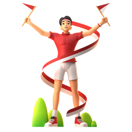 Boy Proudly Holding Indonesia Flag  3D Illustration