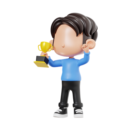 Boy Raise Trophy  3D Illustration