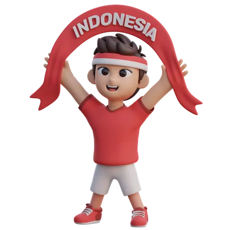 Boy Raised Indonesia Supporter Flag  3D Illustration