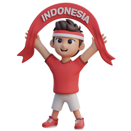 Boy Raised Indonesia Supporter Flag  3D Illustration