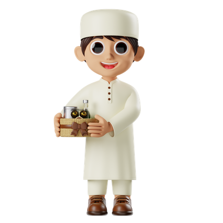 Boy Ramadan Holding Eid Hampers  3D Illustration