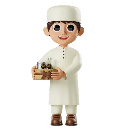 Boy Ramadan Holding Eid Hampers  3D Illustration