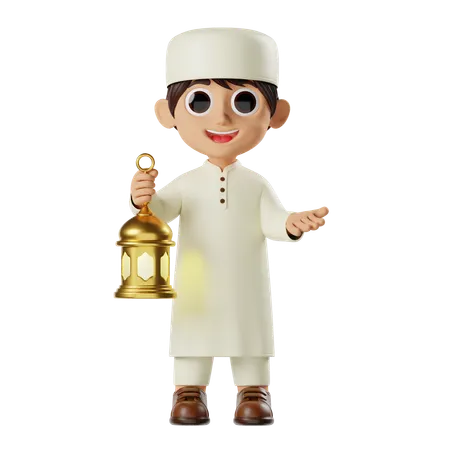 Boy Ramadan Holding Lantern  3D Illustration