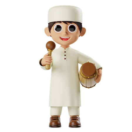 Boy Ramadan Playing Bedug  3D Illustration