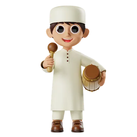 Boy Ramadan Playing Bedug  3D Illustration