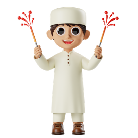 Boy Ramadan Playing Sparklers  3D Illustration