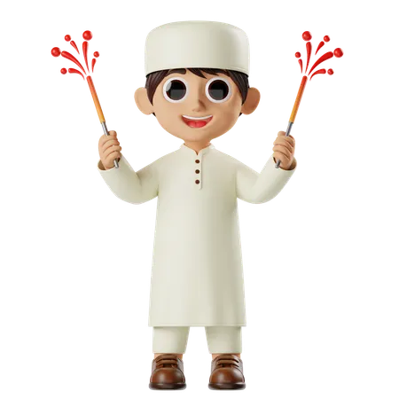 Boy Ramadan Playing Sparklers  3D Illustration