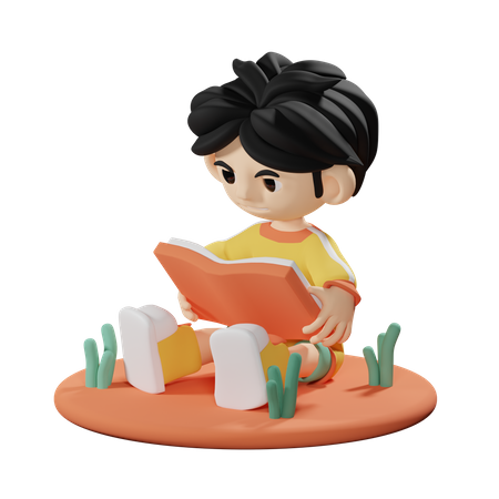 Boy Read a Book while seating on floor 3D Illustration
