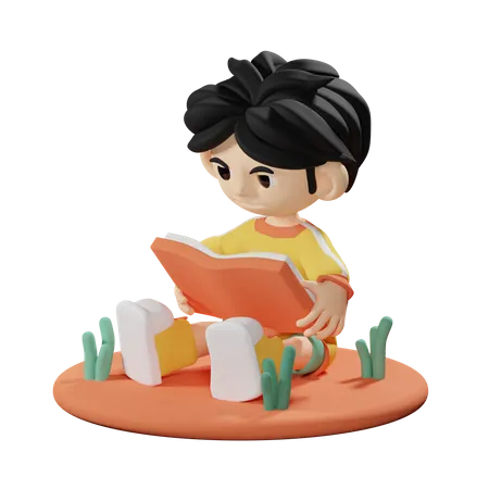 Boy Read a Book while seating on floor 3D Illustration