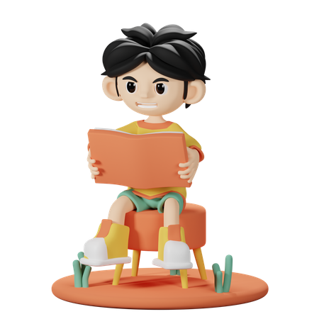 Boy Reading a book on Chair  3D Illustration