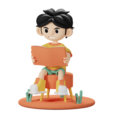 Boy Reading a book on Chair 3D Illustration