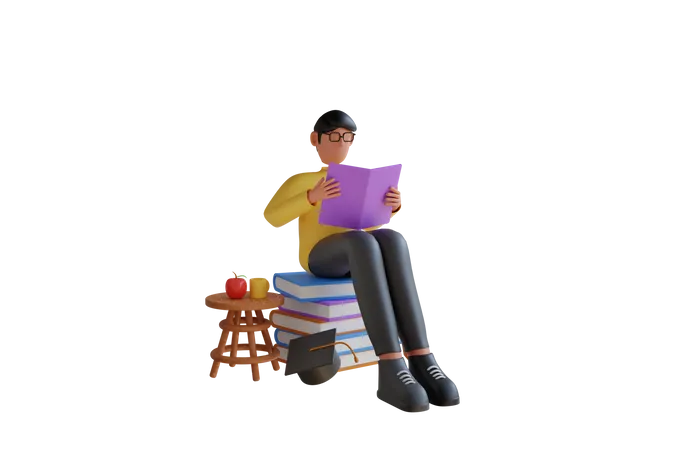 Boy Reading Book  3D Illustration