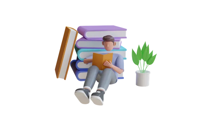 Boy Reading Book  3D Illustration