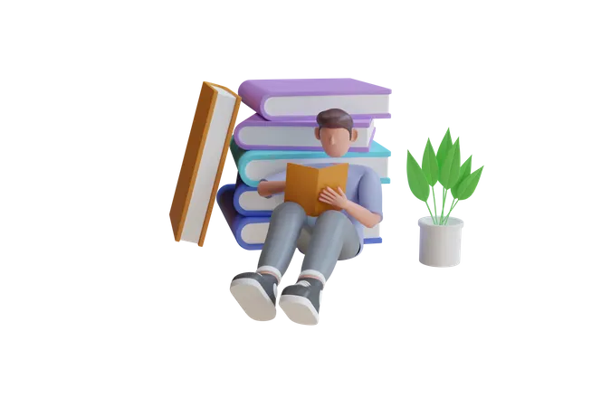 Boy Reading Book 3D Illustration
