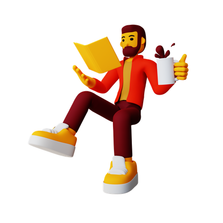 Boy reading book while drinking coffee  3D Illustration