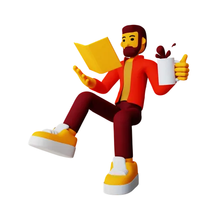 Boy reading book while drinking coffee  3D Illustration