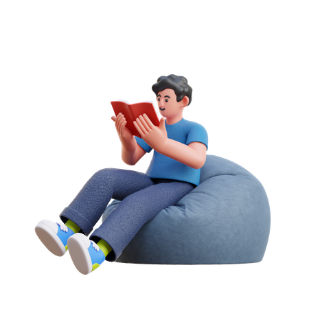 Boy reading book while seating on beanbag  3D Icon