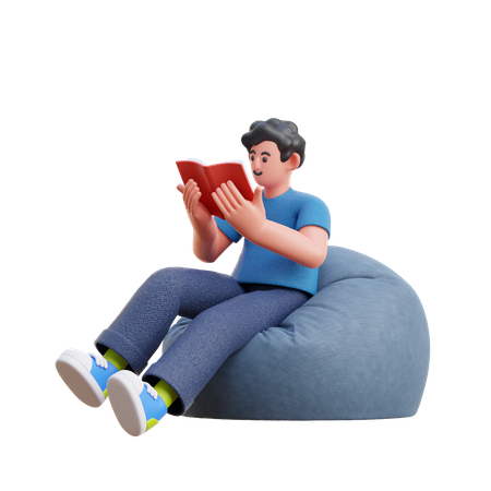 Boy reading book while seating on beanbag  3D Illustration