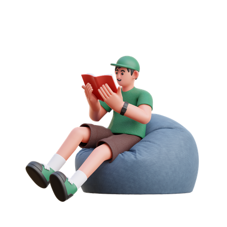 Boy reading book while seating on beanbag  3D Illustration