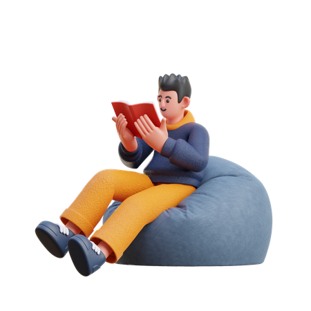 Boy reading book while seating on beanbag  3D Illustration