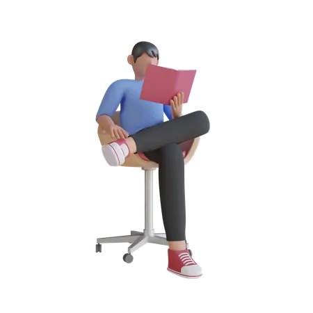 Boy Reading Book while seating on chair  3D Illustration