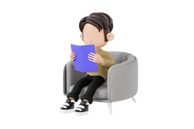 Boy Reading Book While Sitting On Chair  3D Icon