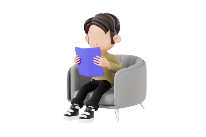 Boy Reading Book While Sitting On Chair  3D Icon