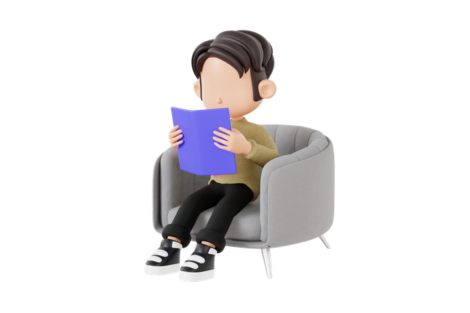 Boy Reading Book While Sitting On Chair  3D Icon