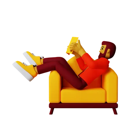 Boy reading book while sitting on Couch  3D Illustration