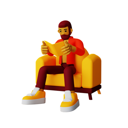 Boy reading book while sitting on sofa  3D Illustration