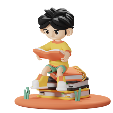 Boy Reading many books  3D Illustration