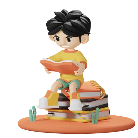 Boy Reading many books 3D Illustration