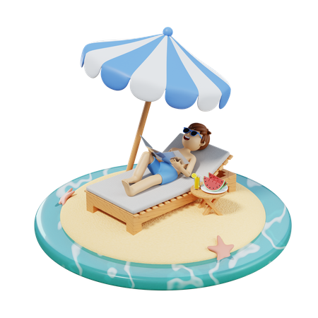 Boy Relaxing At Beach 3D Illustration