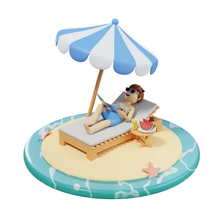 Boy Relaxing At Beach  3D Illustration